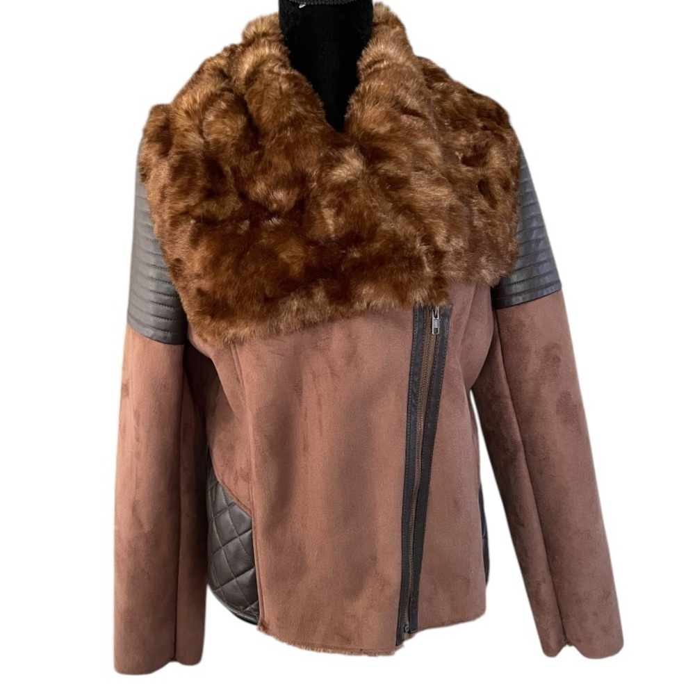 Donna Salyers Fabulous Furs Faux Fur Lined M Suede Moto Quilted Jacket Brown Y2K
